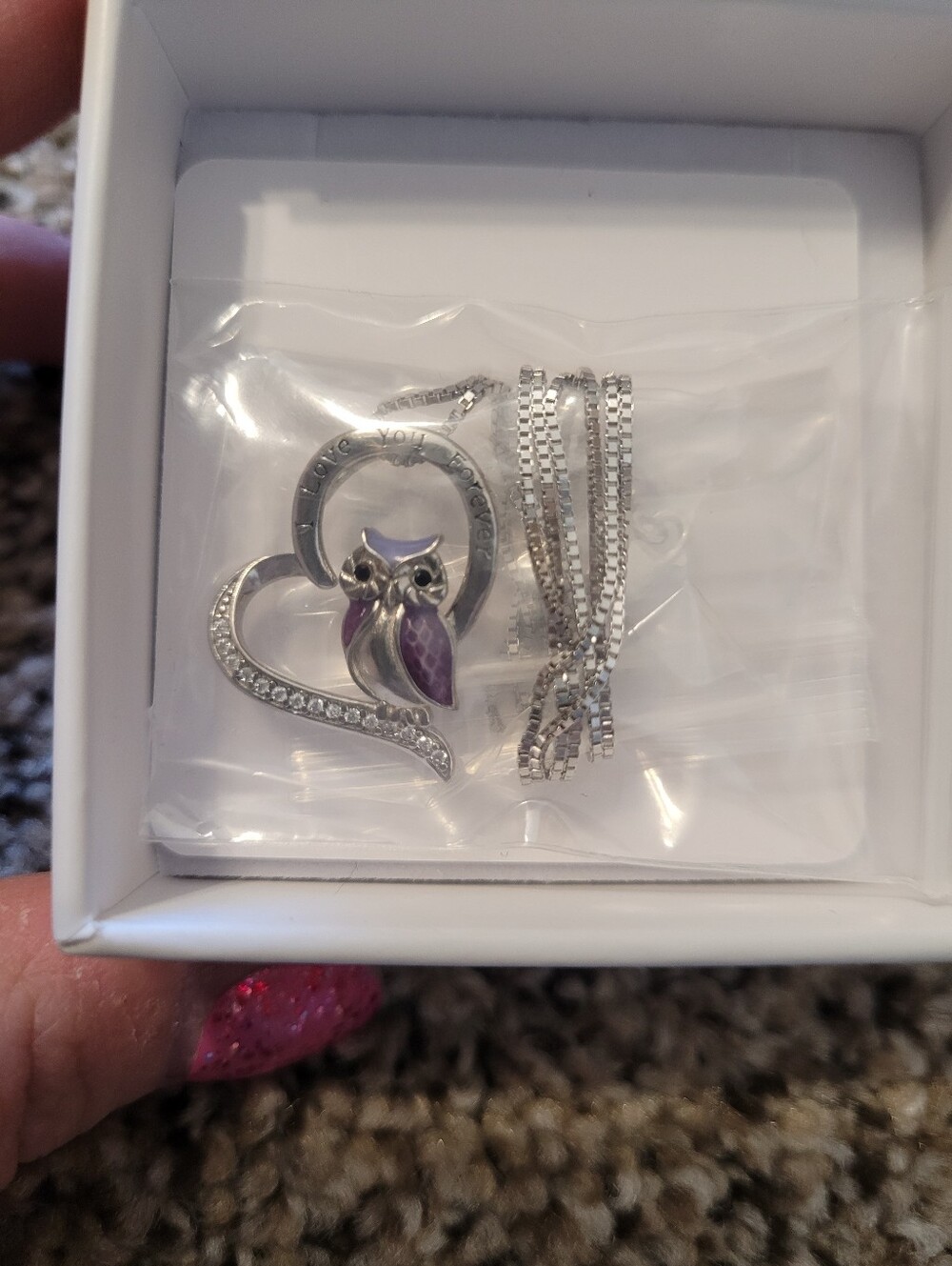 Silver Owl Pendant Necklace with Purple Enamel Accent